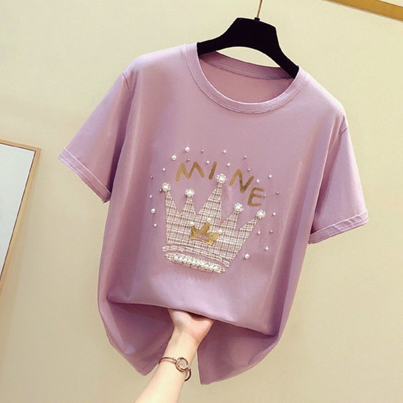 Áo thun cotton tay ngắn dáng rộng in hình đính hạt thời trang mùa hè phong cách Hàn Quốc 2022