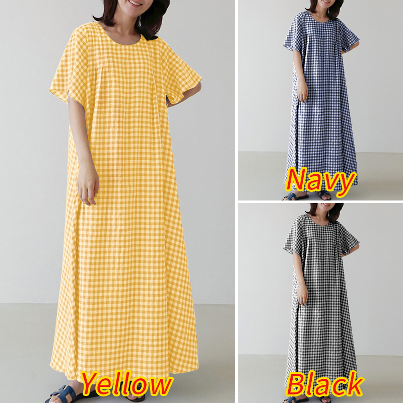 Đầm Maxi ZANZEA Cổ Tròn Tay Ngắn Họa Tiết Caro Phong Cách Vintage Cho Bạn Nữ