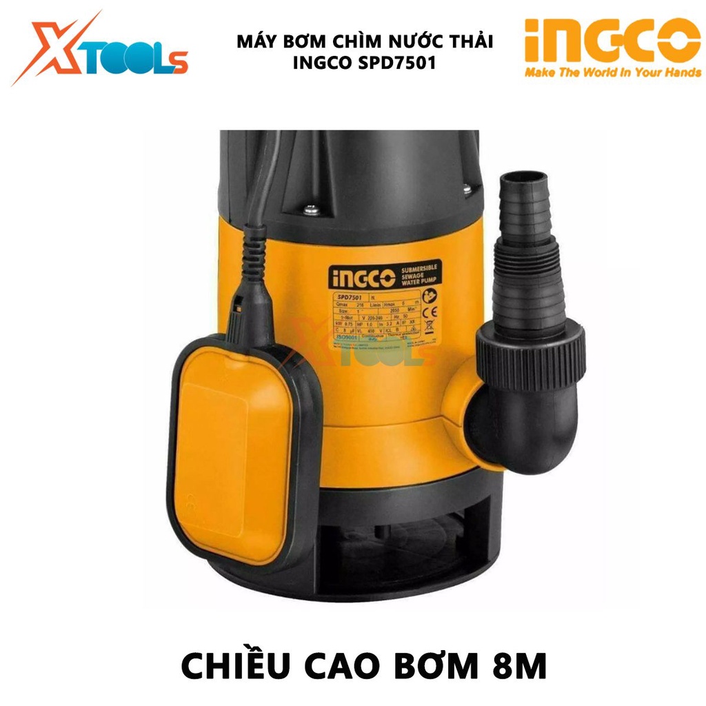 Máy bơm chìm nước thải INGCO SPD7501 | máy bơm chìm Điện thế 220-240V~50Hz Công suất 750W (1.0HP) Chiều cao bơm 8M Tốc đ