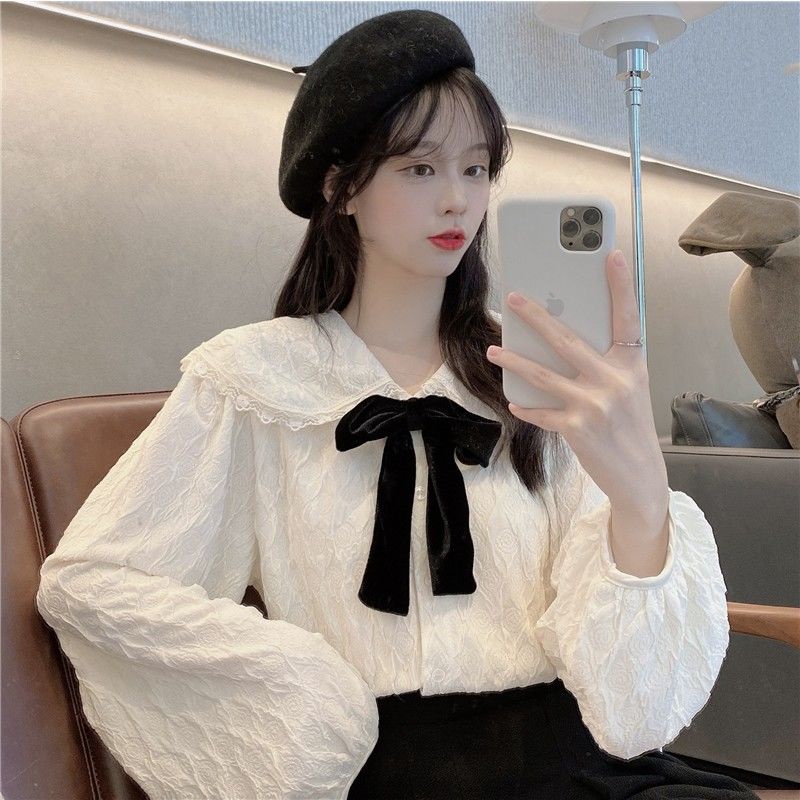 Áo sơ mi tay dài đính nơ phong cách Hàn Quốc dễ thương thời trang mùa thu