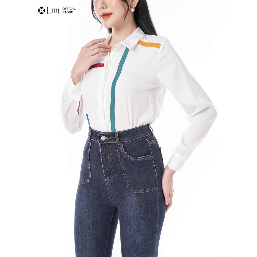 Áo sơ mi trắng linbi thiết kế phối màu cách điệu trẻ trung form công sở thời thượng liin clothingQ3453