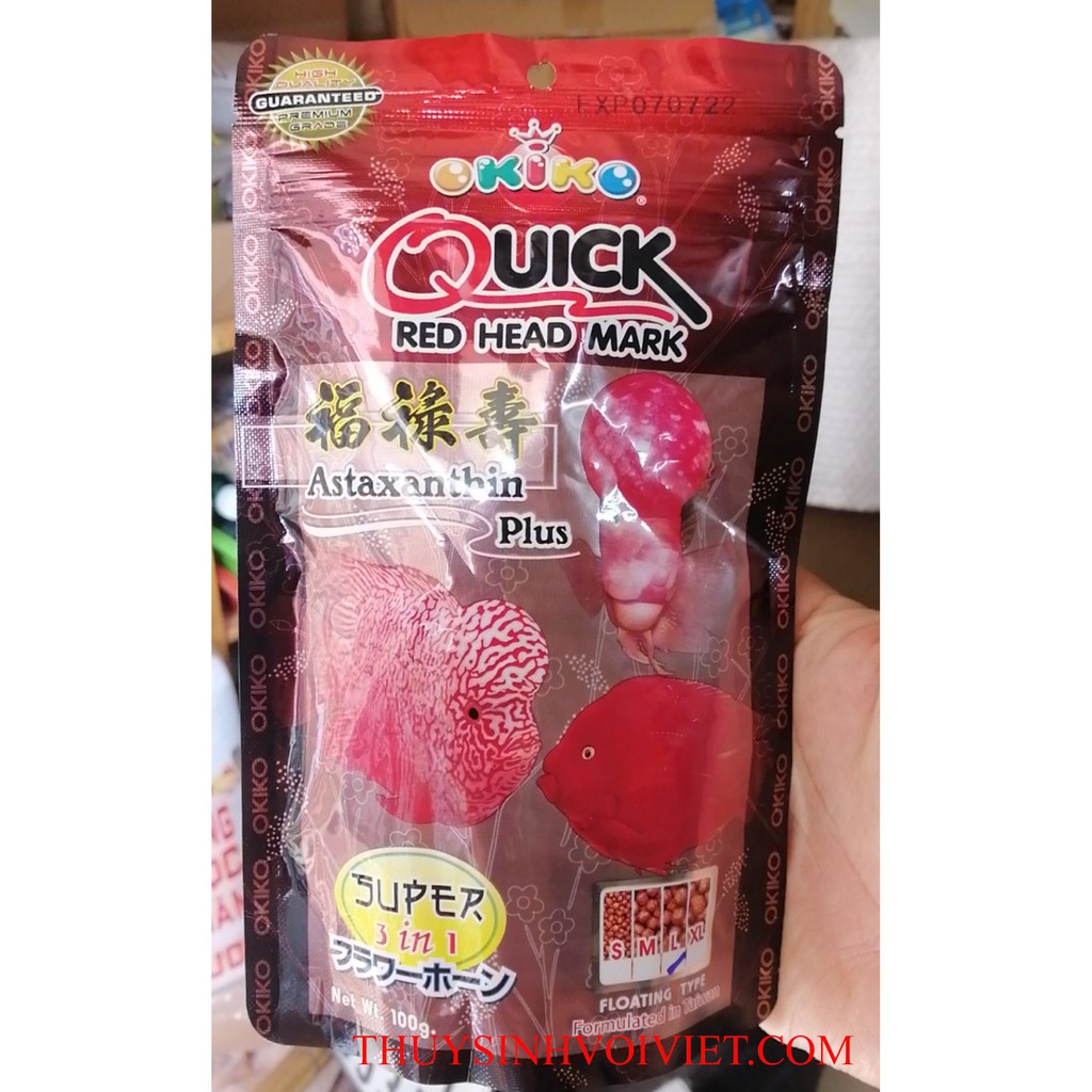 Thức ăn THÁI LAN hiệu OKIKO Quick, Platinum, Headup cho cá la hán giúp hỗ trợ lên CHÂU, lên ĐẦU VÀ tăng sắc tố ĐỎ 100gr