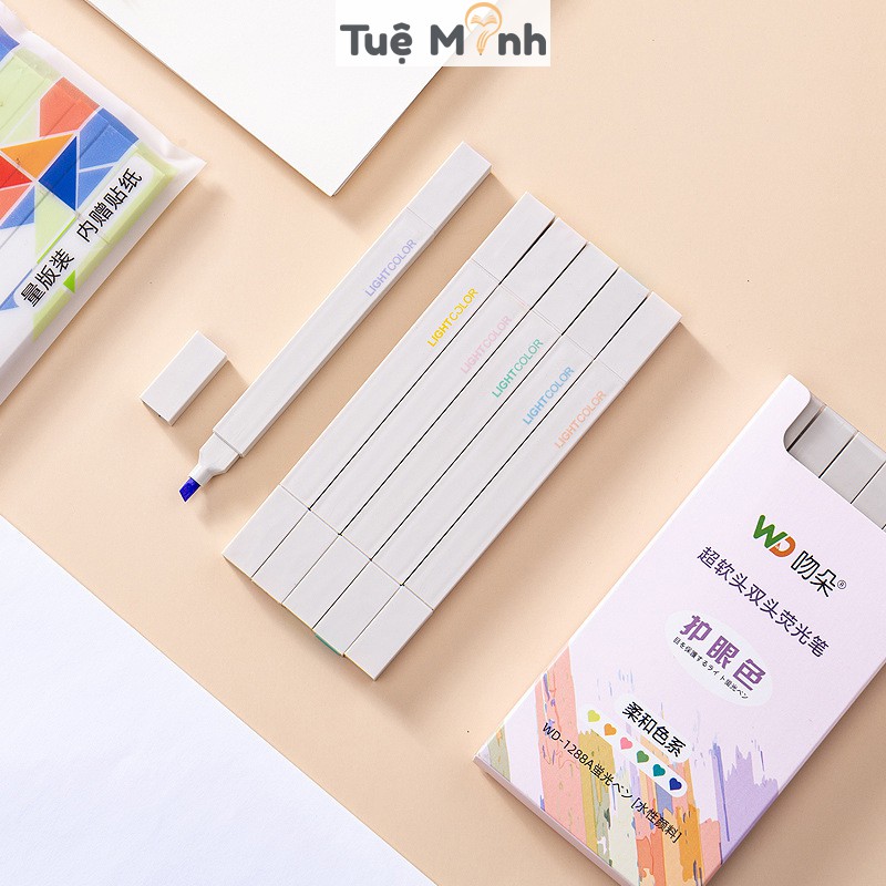 Bút highlight 2 đầu Light Color màu pastel, bút ghi chú HI06 tặng kèm sticker