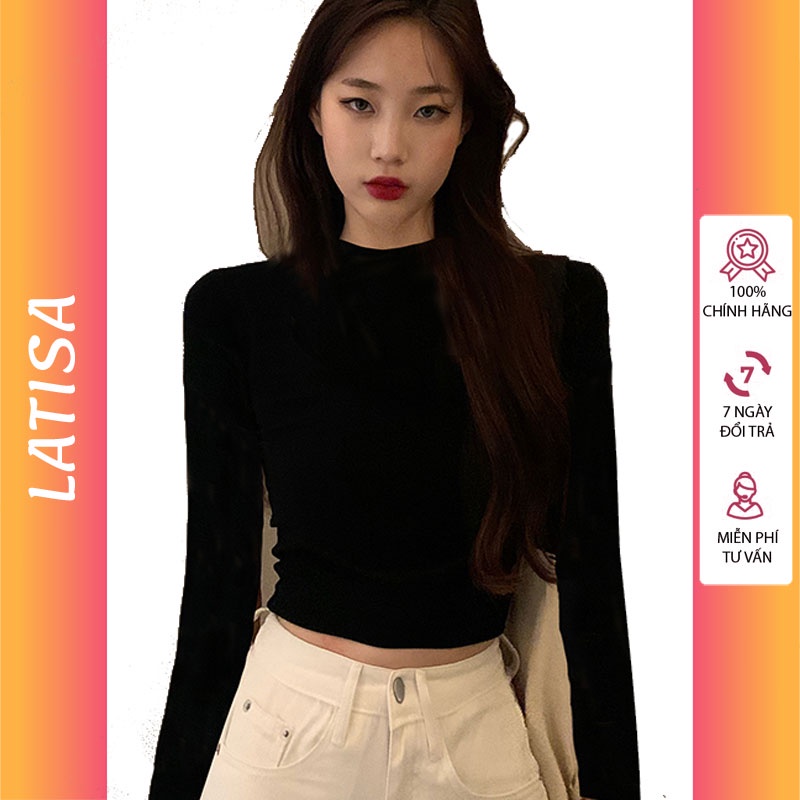 Áo croptop tay dài ôm body cổ tròn nữ thun gân trắng đen kiểu hàn quốc LATISA CRD01