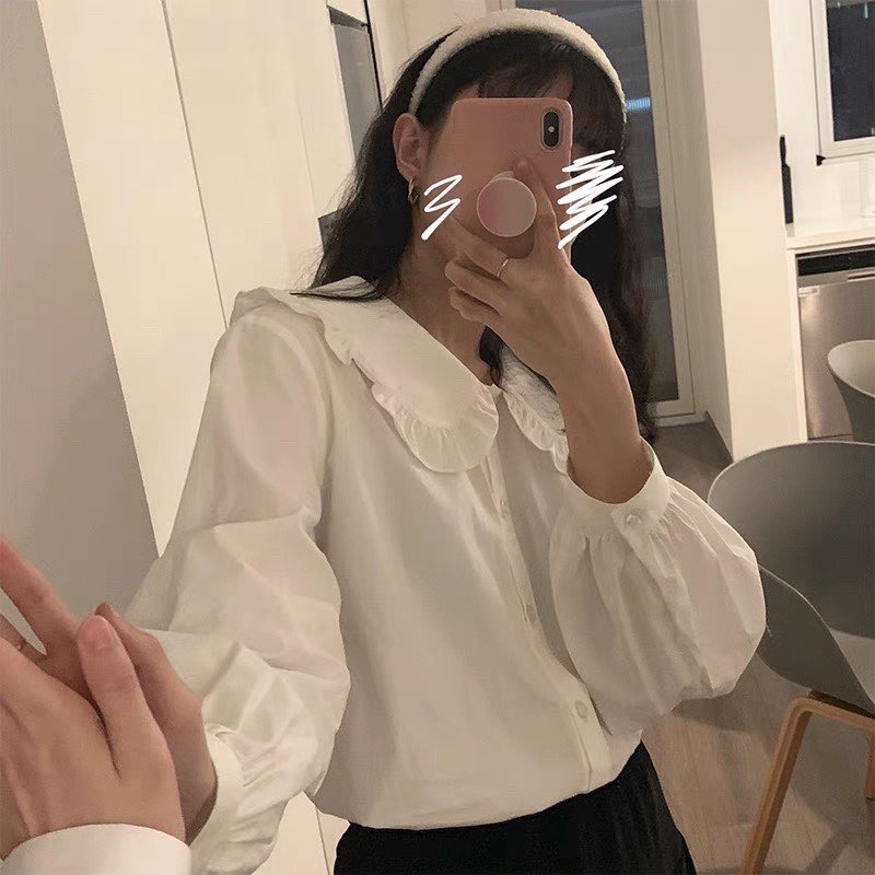 Áo sơ mi trắng kiểu dáng vintage viền bèo xinh nhẹ nhàng_m112