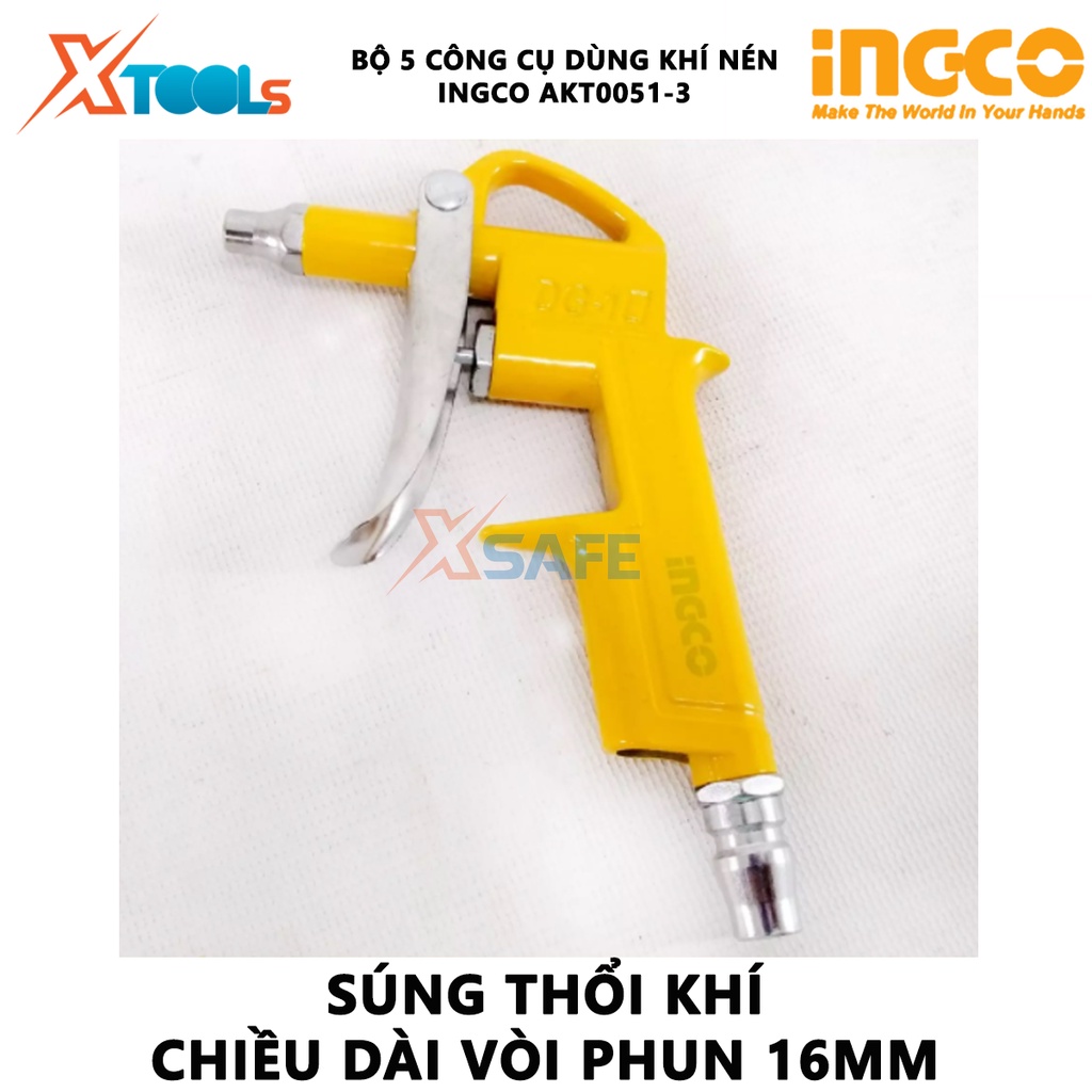 Bộ 5 công cụ dùng khí nén INGCO AKT0051-3 | dụng cụ xịt hơi 5 chi tiết gồm Dây hơi PU, Súng thổi khí, Súng phun sơn, Sún