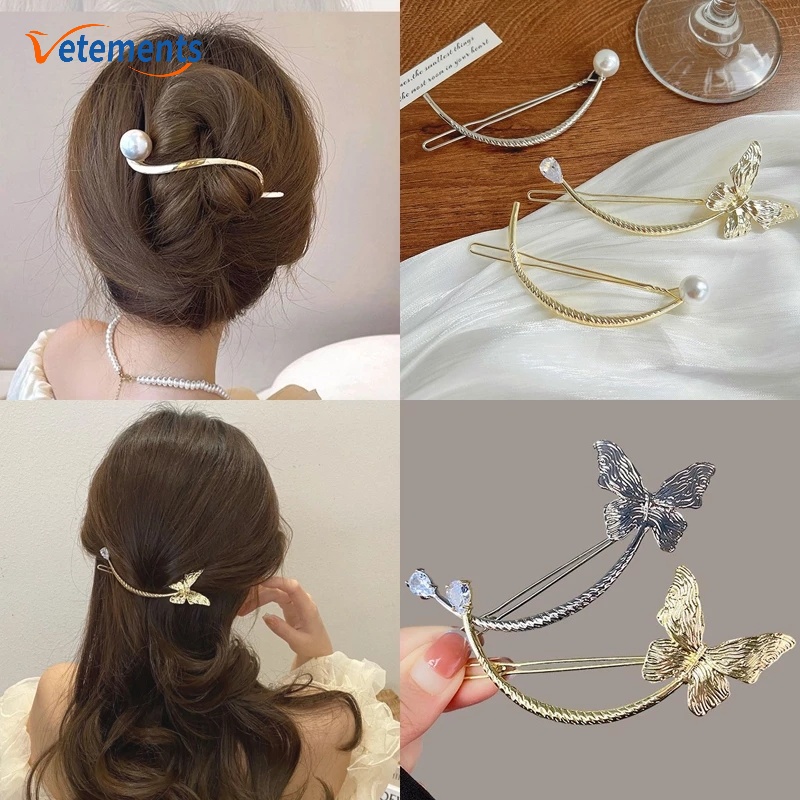 Kẹp Tóc Hình Bướm Bằng Hợp Kim Đính Ngọc Trai Đơn Giản Thời Trang