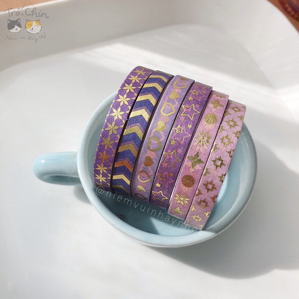 [HÀNG CÓ SẴN] [ẢNH THẬT] Washi tape nhũ ánh kim cực kì sắc nét HỒNG TÍM (5mm*2m)