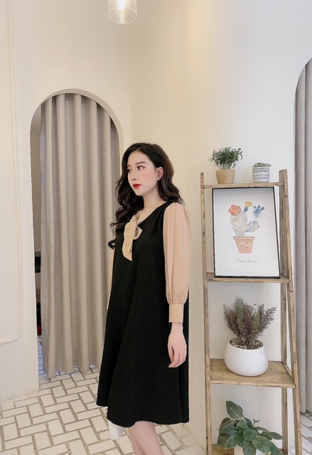 Váy đũi nơ dài tay phối mầu sang chảnh | BigBuy360 - bigbuy360.vn