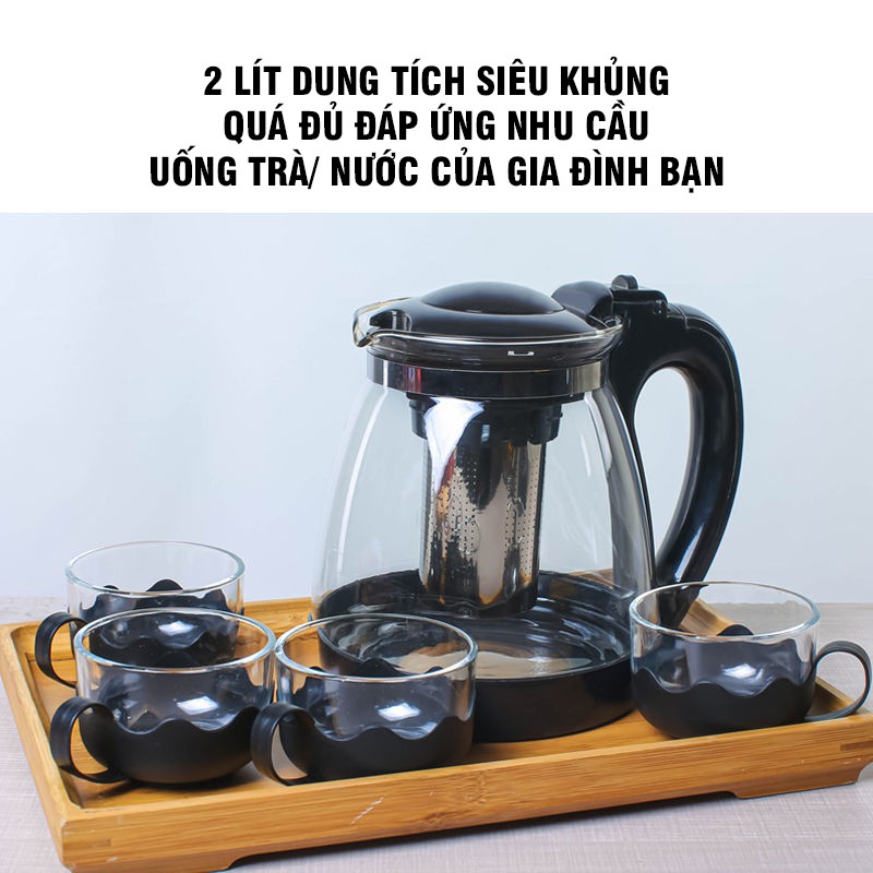 Bộ Ấm Pha Trà Lưới Lọc Inox Nhiều Phân Loại Kèm 4 Cốc Trà Thủy Tinh Sang Trọng