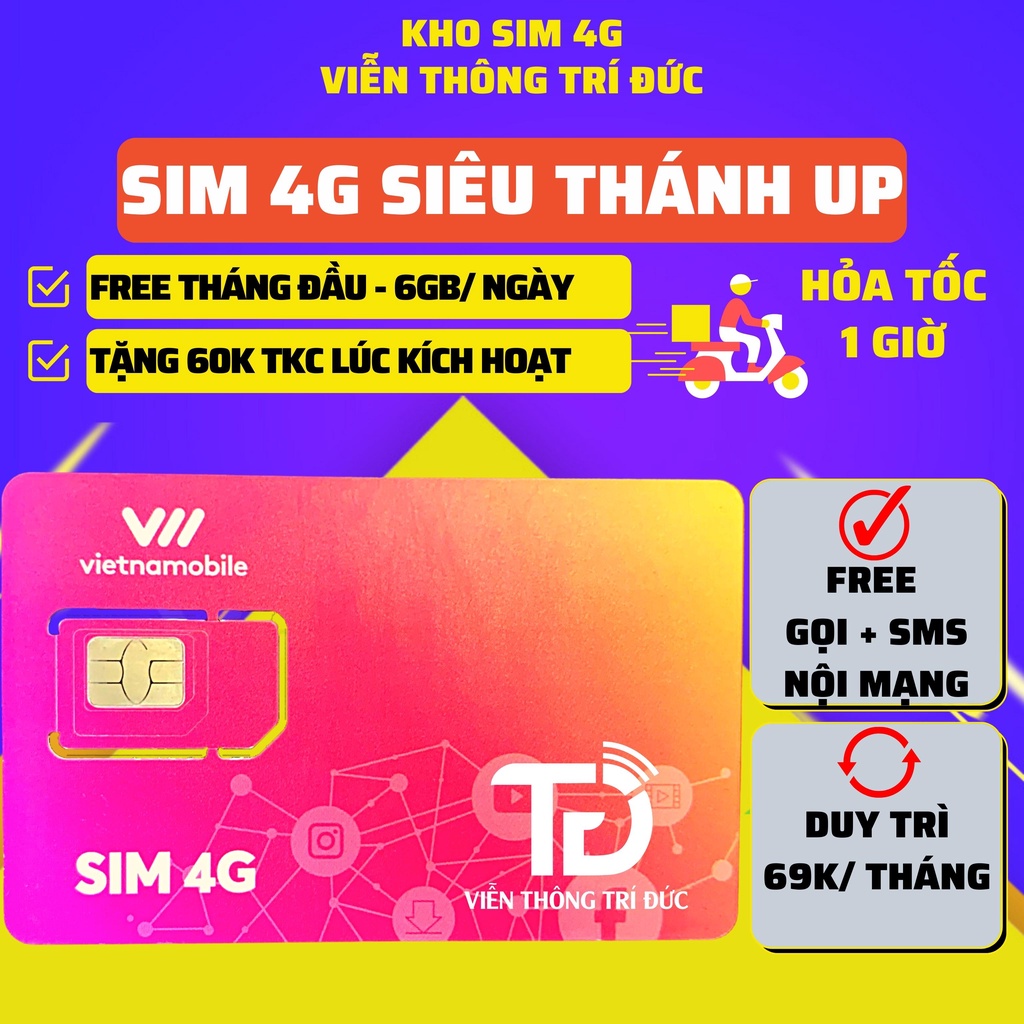 Sim 4G Vietnamobile Siêu Thánh Up Data 180Gb Không giới hạn tốc độ thường - Free gọi & nhắn tin - Sim 4G giá rẻ