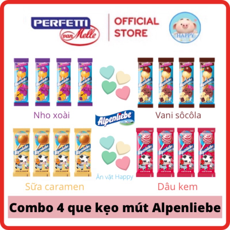 Combo 4 que kẹo mút ALPENLIEBE hương nho xoài/ vani sôcôla/ dâu kem/ sữa caramen 9g/14.5g