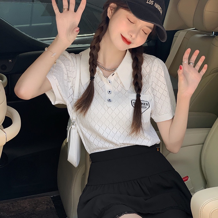 SUXI Áo polo Dệt Kim Tay Ngắn Dáng Ôm Thêu Họa Tiết Rỗng Kiểu Hàn Quốc Thời Trang Mùa Hè Cho Nữ