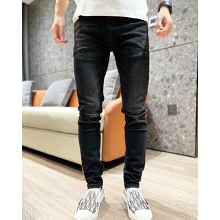 Quần bò nam đen mài vá túi da, ống côn chất co dãn hàng spf.