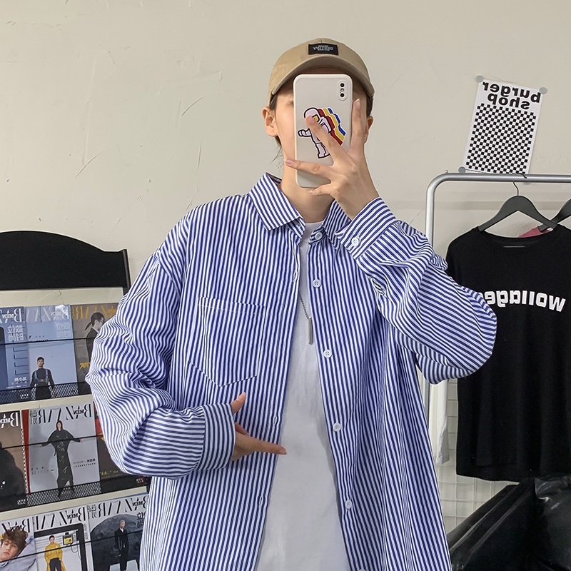 Áo Sơ Mi Tay Dài Thiết Kế Dáng Rộng Họa Tiết Kẻ Sọc Phong Cách Hàn Quốc Thời Trang Xuân Hè Cho Nam