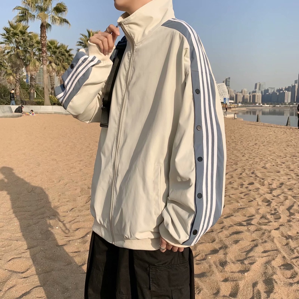 Áo Khoác Cổ Đứng Dáng Rộng Họa Tiết Kẻ Sọc Thời Trang Hàn Quốc Cho Nam