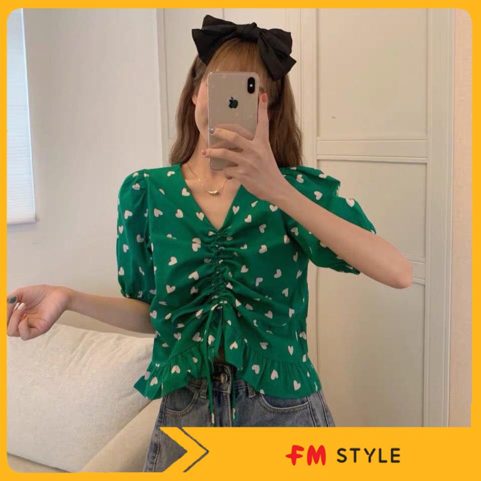 Áo kiểu FM Style, áo họa tiết dây rút ngực, hình tim chấm bi, dễ thương VU0207B