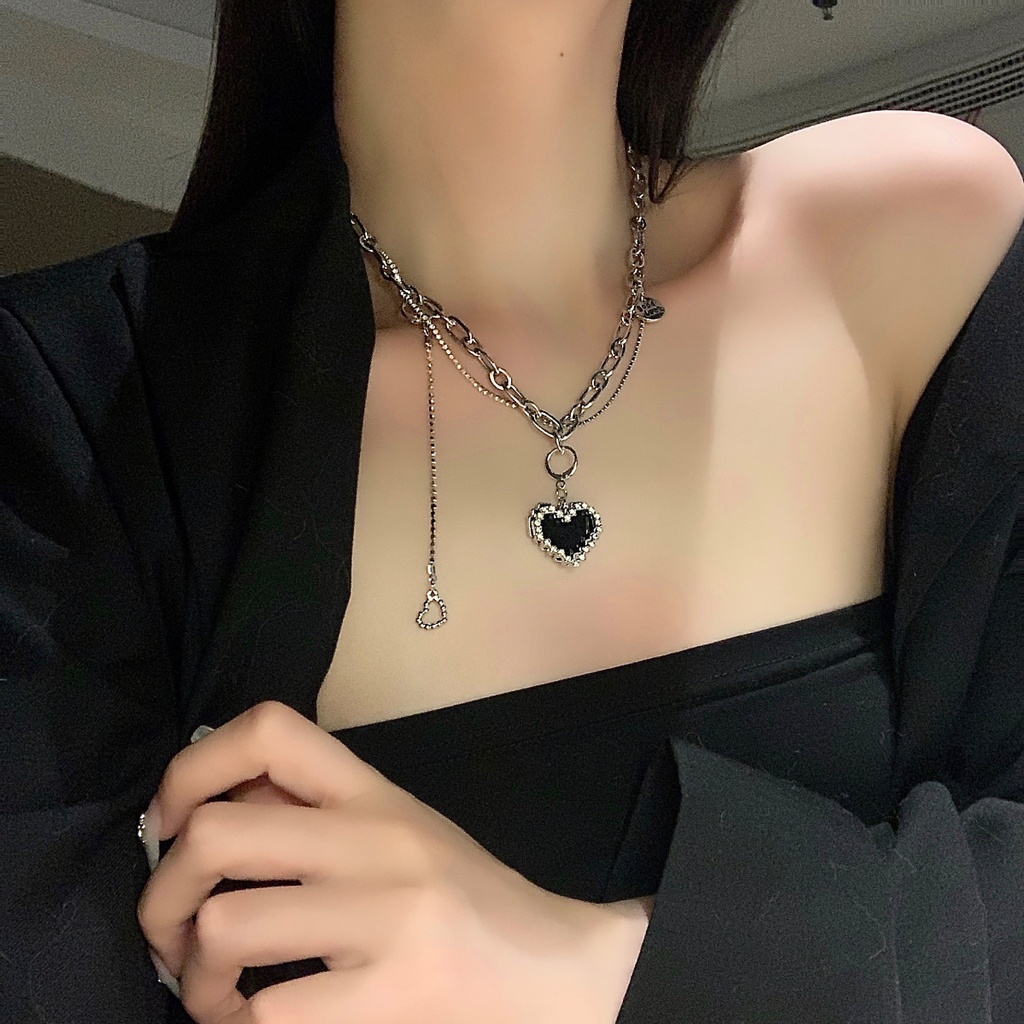 Dây Chuyền Hai Lớp Mặt Hình Trái Tim Màu Đen Phong Cách Hip Hop Hàn Quốc 19A1173