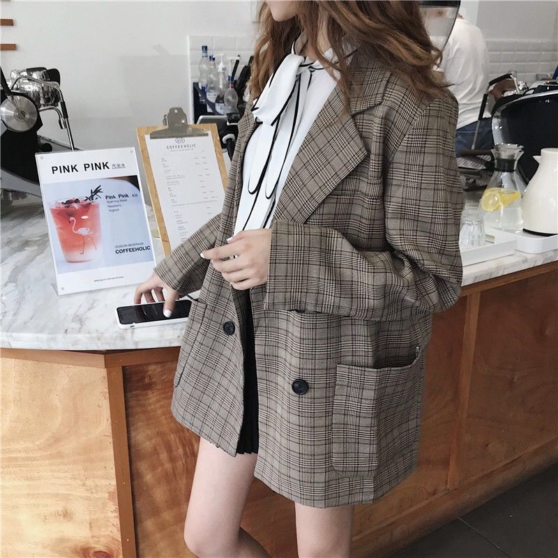 Áo Khoác Vest Họa Tiết Ca Rô Phong Cách Hàn Quốc Dành Cho Nữ