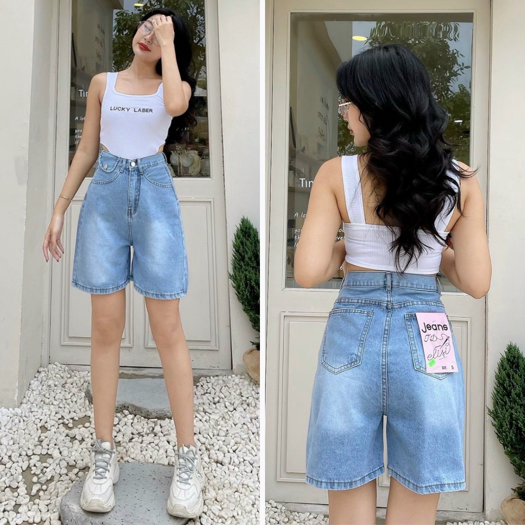 Quần Short Jean Ngố Nữ Ống Rộng Túi Nắp Lưng Cao Basic Chất Bò Phong Cách Ulzzang Hàn Quốc 4 Màu 438