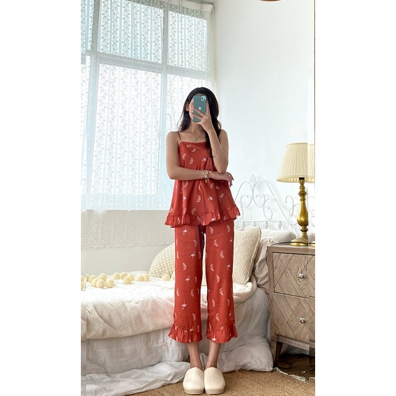 Bộ mặc nhà lụa 2 dây quần lửng dài trên mắt cá chân P.noir- PSS20-019 hàng chính hãng