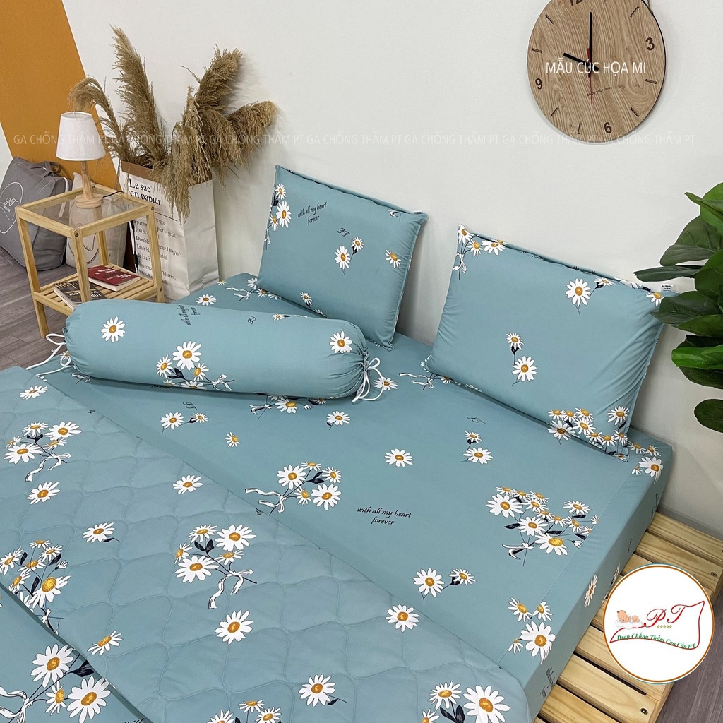 Bộ ga chống thấm cotton cho bé, drap chống thấm nước cao cấp kèm vỏ gối đầu và vỏ gối ôm mềm mịn mát (mẫu cúc họa mi)