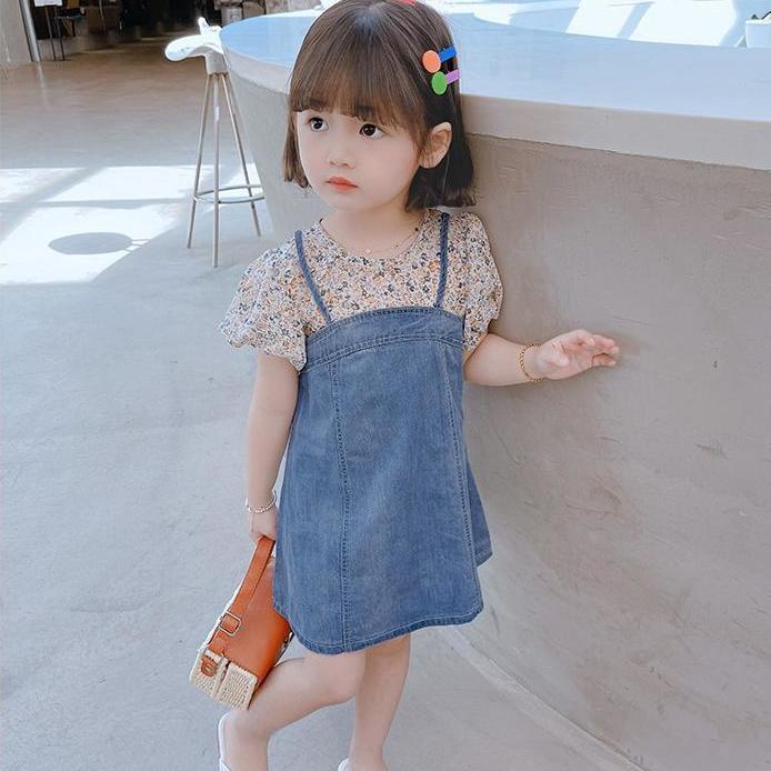 Đầm công chúa giả hai mảnh áo denim tay ngắn in hoa mùa hè phong cách hàn quốc cho bé gái 2021