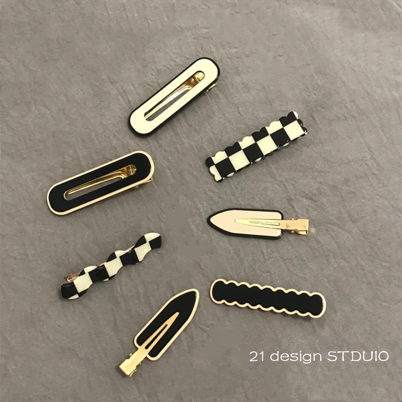 Set 1/2 kẹp tóc resin kẻ caro/viền màu trắng đen thời trang cho nữ