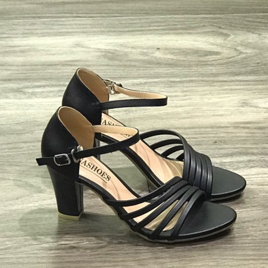 Giày sandal cao gót 7p mũi tròn đế vuông nữ Lunashoes  da si có quai ngang màu đen, kem bảo hành 1 năm
