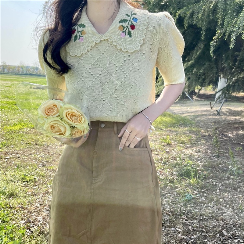 Áo sweater mỏng tay ngắn cổ búp bê dáng rộng thêu họa tiết kiểu retro Pháp dễ thương
