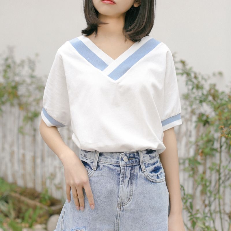Áo Thun Cánh Dơi Tay Ngắn Cổ Chữ V Màu Trắng Phong Cách Nhật Bản Thời Trang Mùa Hè Mới 2022 Cho Nữ