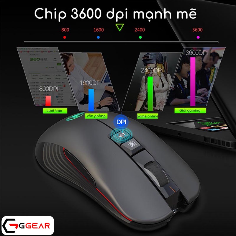 Chuột gaming máy tính không dây GGear GT30 3600 dpi pin sạc 720mAh Type C USB  cho Laptop PC Macbook Smartphone