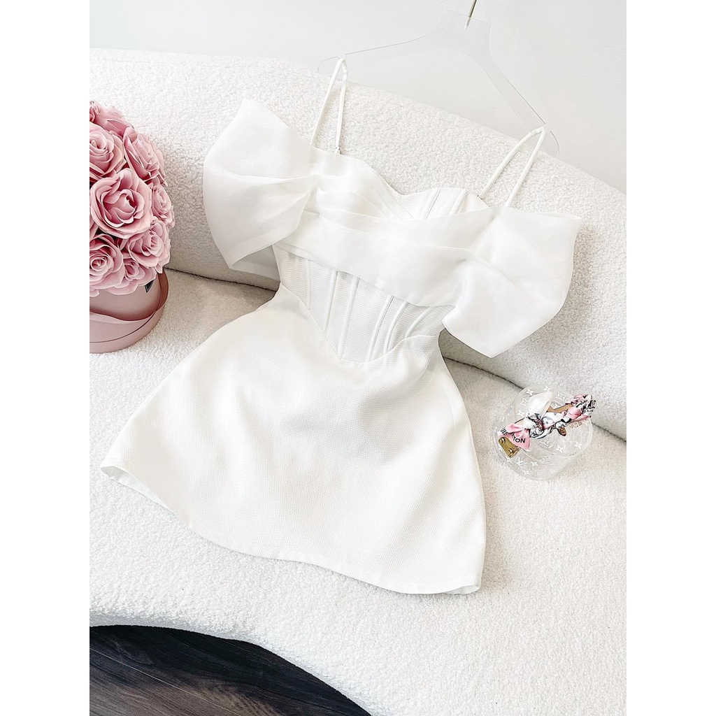 Đầm xoè trễ vai phối tơ