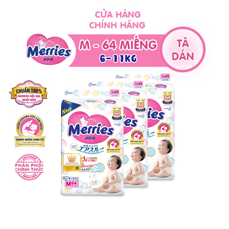 Combo 3 Tã dán Merries Đủ Size NB90/S82/M64/L54/XL44