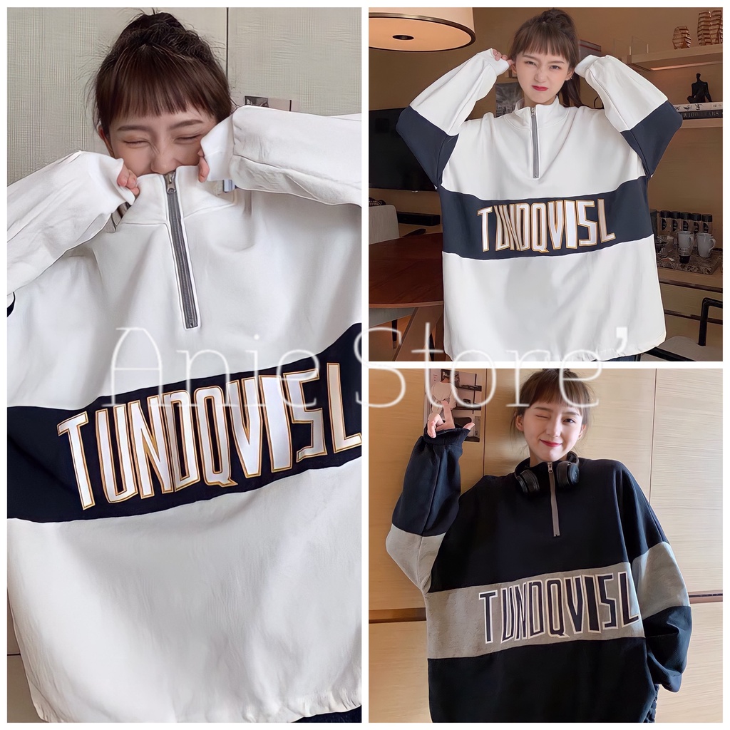 Áo Sweater Zip Nỉ Unisex TUNOQV 🦋 Áo Thun Nỉ Cổ Cao Thêu Chữ Dáng Rộng 2 Màu 🦋