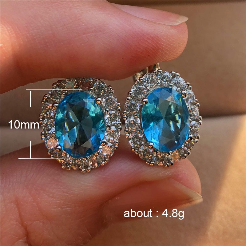 Khuyên Tai Bạc 925 Hình Oval Đính Đá Sapphire Thời Trang