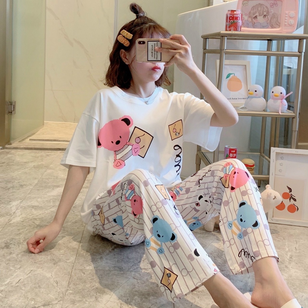 Set đồ bộ màu sắc ngọt ngào in họa tiết những chú gấu đủ màu dễ thương mẫu mới phong cách Ulzzang