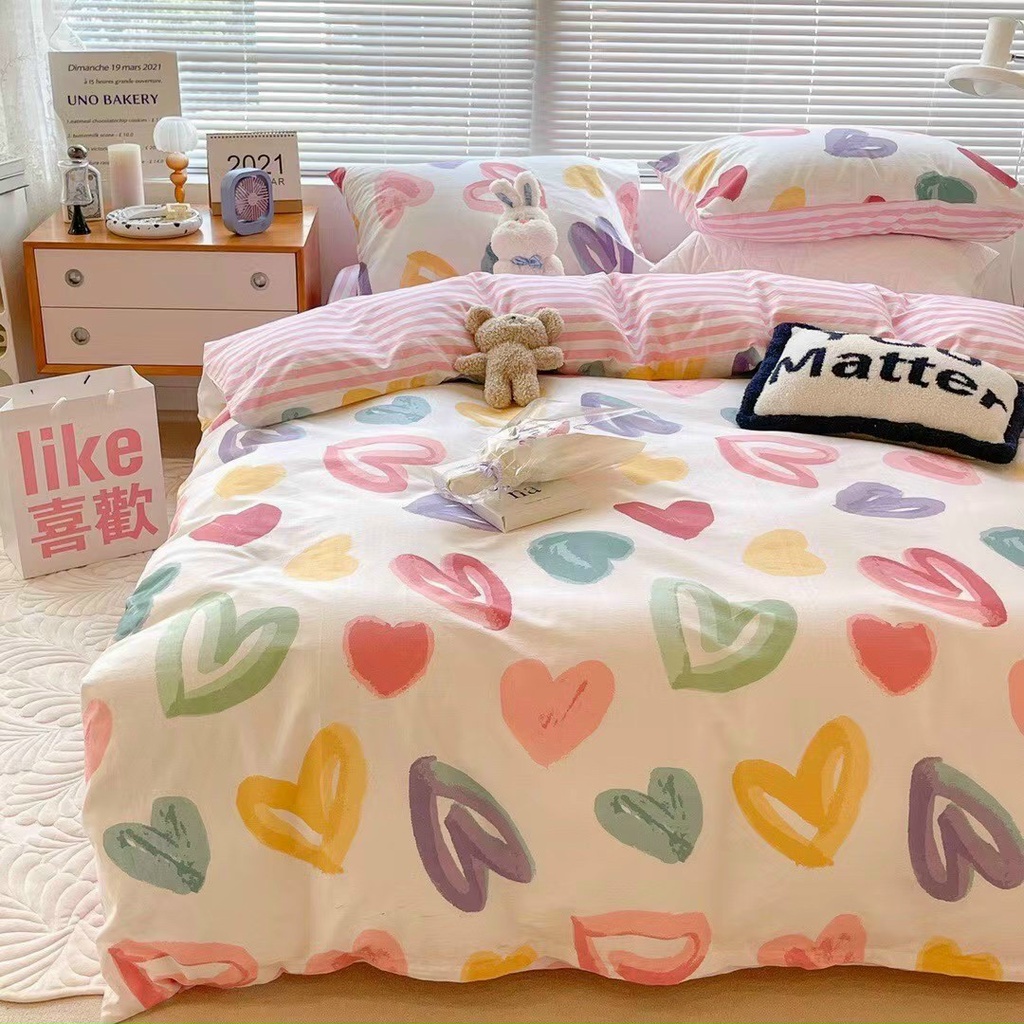 Bộ chăn ga gối Poly Cotton Tim 7 màu love siêu yêu siêu lãng mạn (Tặng vỏ gối ôm) - Miễn phí bo chun