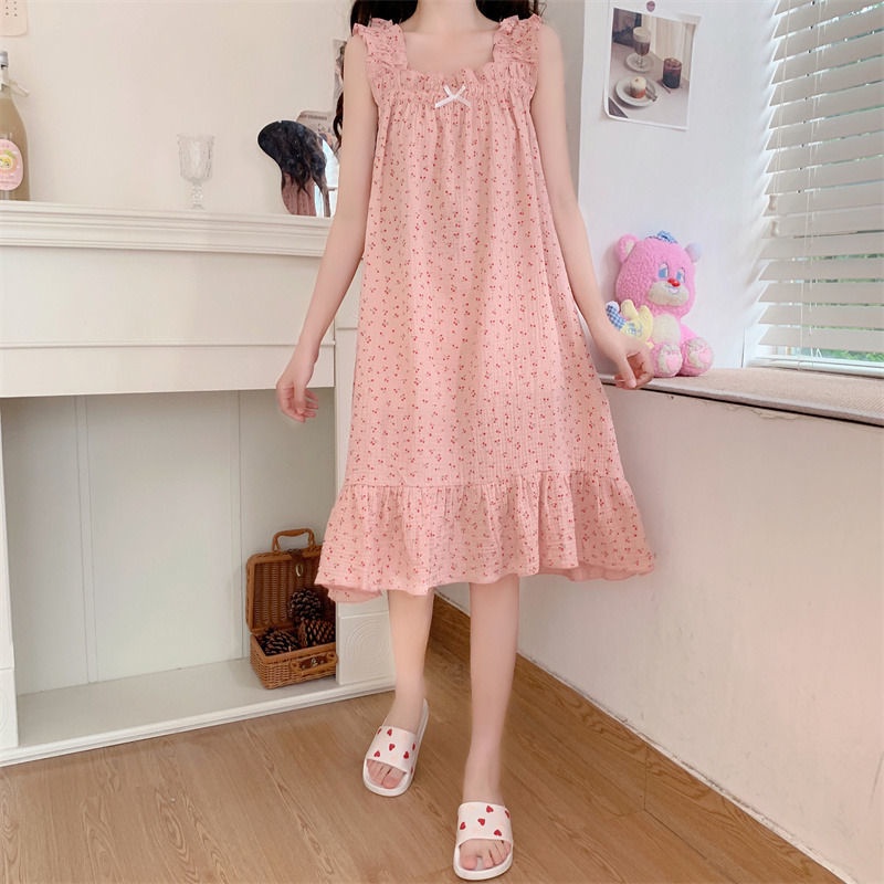 Đầm ngủ hai dây ren dáng dài họa tiết in hình hoa kiểu Pháp mùa hè dành cho nữ