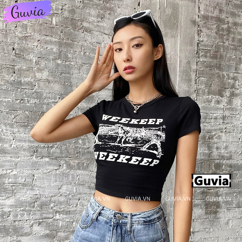 Áo Croptop Ôm Body Nữ WEEKEEP Cổ Tròn Tay Ngắn, Áo Thun Croptop Kiểu In Họa Tiết GUVIA CR91