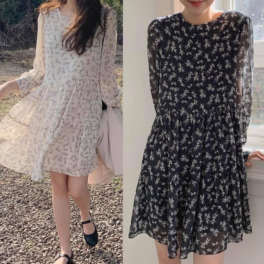 Đầm baby doll voan hoa cổ tròn tay dài màu trắng đen 06A03 DRESS