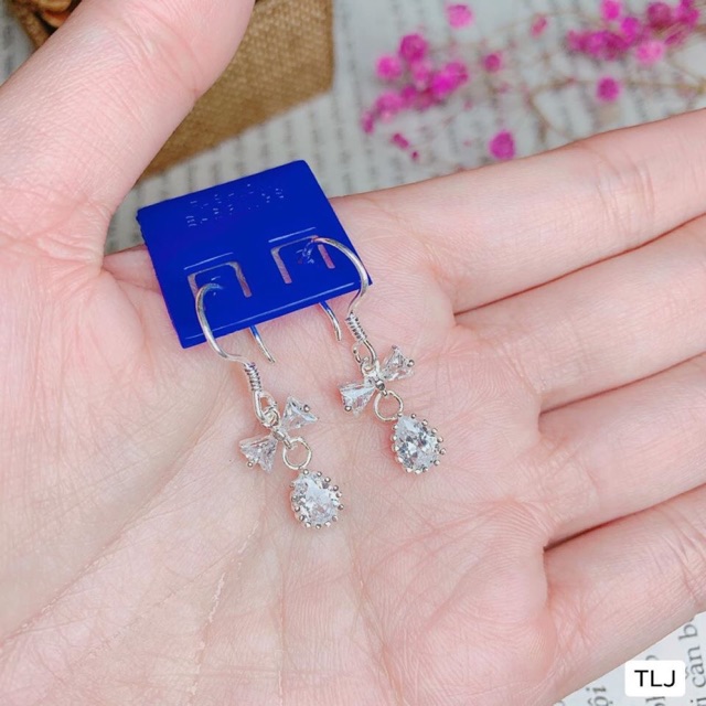 Bông tai đá nơ treo chuẩn bạc ta trắng sáng