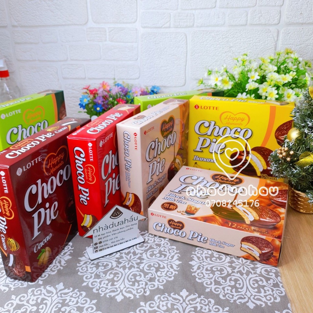 Một hộp bánh Chocopie nhân kem đủ vị vani/cacao/matcha/chuối/đường đen Lotte Hàn Quốc hộp 336gam hàng cty chuẩn xịn