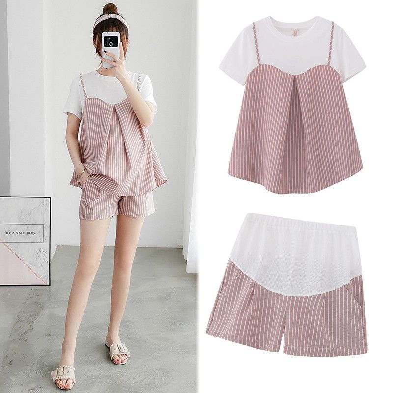 ◎✾Set Áo Thun Tay Ngắn + Quần Short Kẻ Sọc Caro Thời Trang Xuân Hè Cho Mẹ Bầu