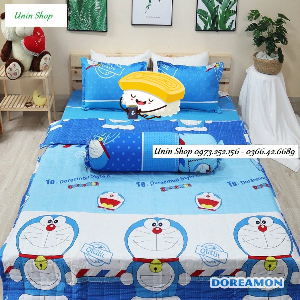 Bộ 5 món chăn hè DORAEMON ĐÀN, poly cotton loại 1, mền trần gòn siêu nhẹ 3 lớp - 1 chăn + 1ga + 2 vỏ nằm + 1 vỏ ôm