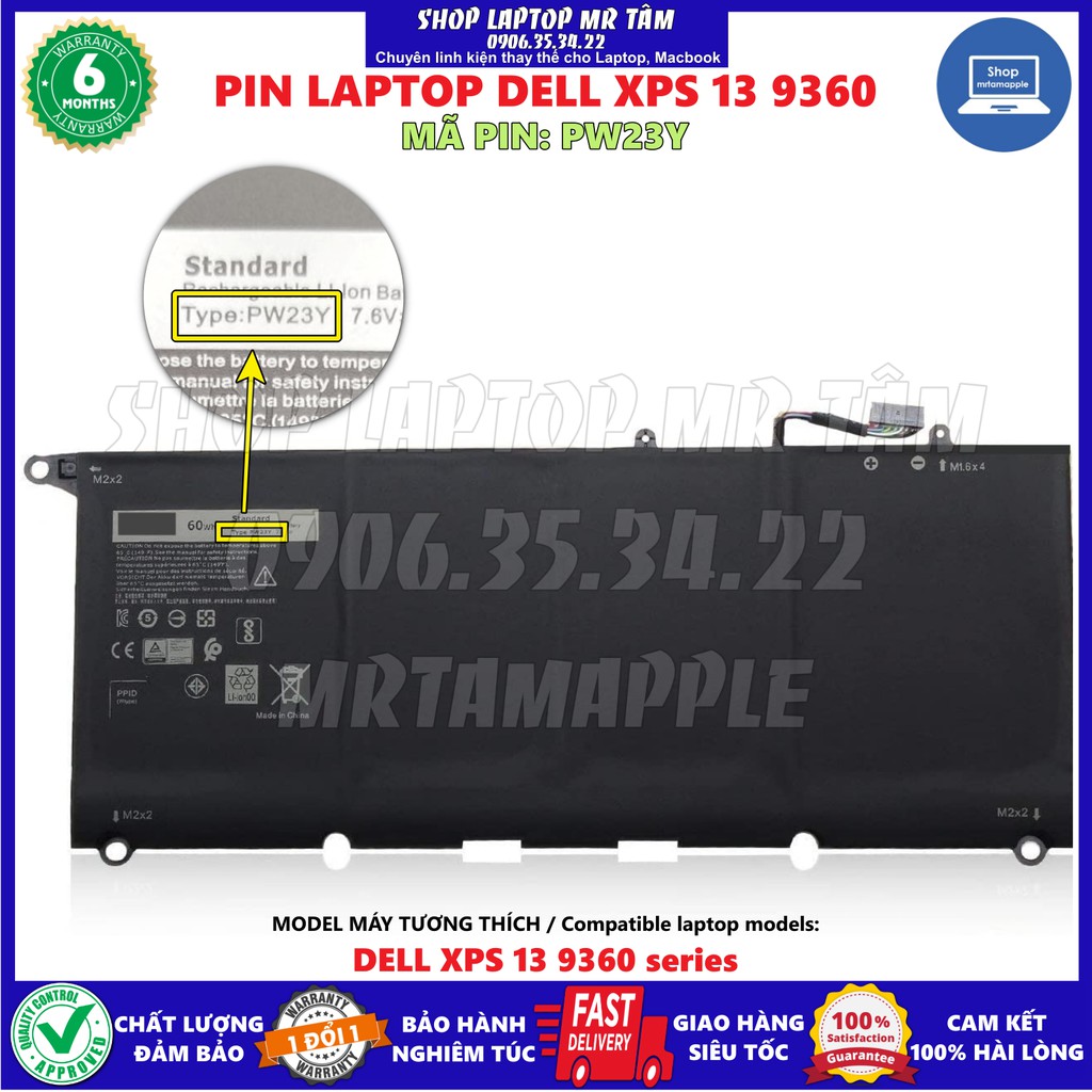 Pin Laptop DELL XPS 13 9360 60WH (ZIN) - 6 CELL - XPS 13 9360, PW23Y, 0PW23Y, TP1GT, RNP72, 0RNP72