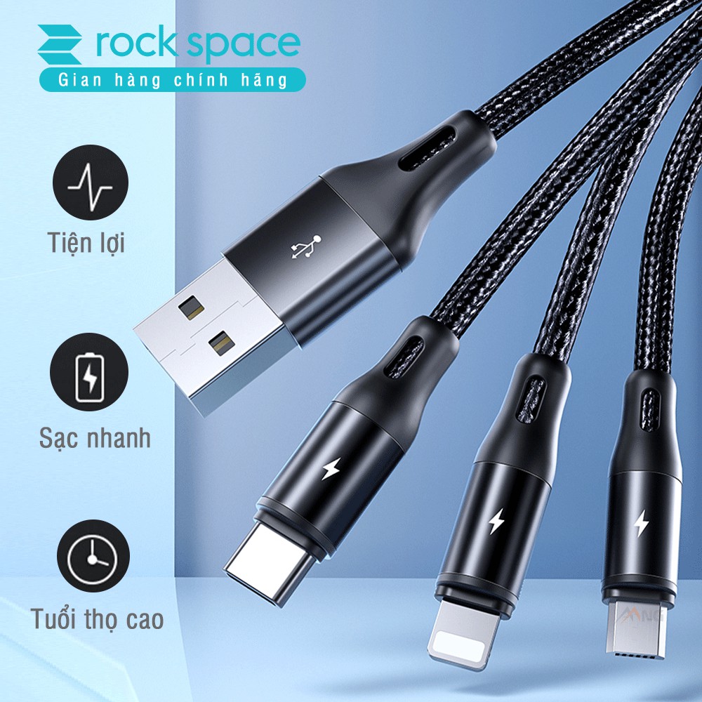 Cáp sạc Rockspace G15 dây dù 3 cổng Lightning / Micro USB/ chuẩn C sạc 3 thiết bị cùng lúc,sạc nhanh, hàng chính hãng