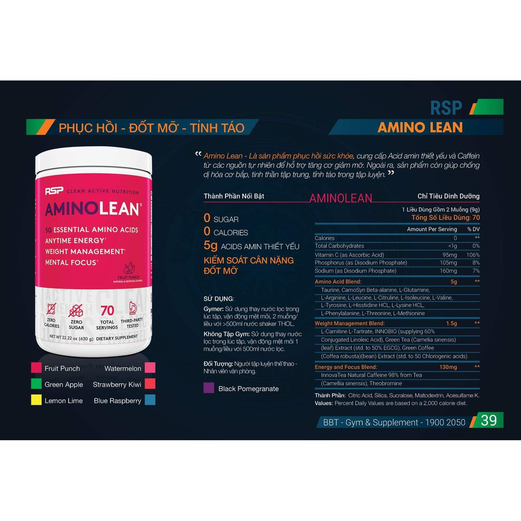 RSP Nutrition AMINO LEAN 70 LẦN DÙNG - CHÍNH HÃNG CÔNG TY BBT - BCAA - EAA
