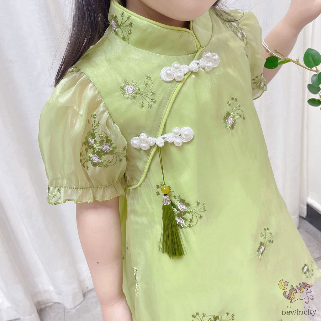 Đầm Sườn Xám Phối Lưới Thiết Kế Phong Cách Trung Hoa Dễ Thương Thời Trang Mùa Hè Cho Bé Gái