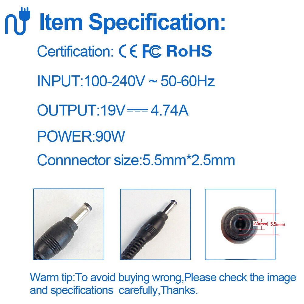 Sạc laptop Asus 19V - chân cắm 5.5*2.5mm 65W . công suất 3.4A và 4.7A tùy chọn. tặng kèm dây nguồn